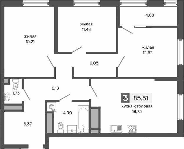 Планировка — Куйбышева 100, 4-комн., 83 м²