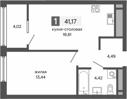 Планировка — Куйбышева 100, 2-комн., 39 м²