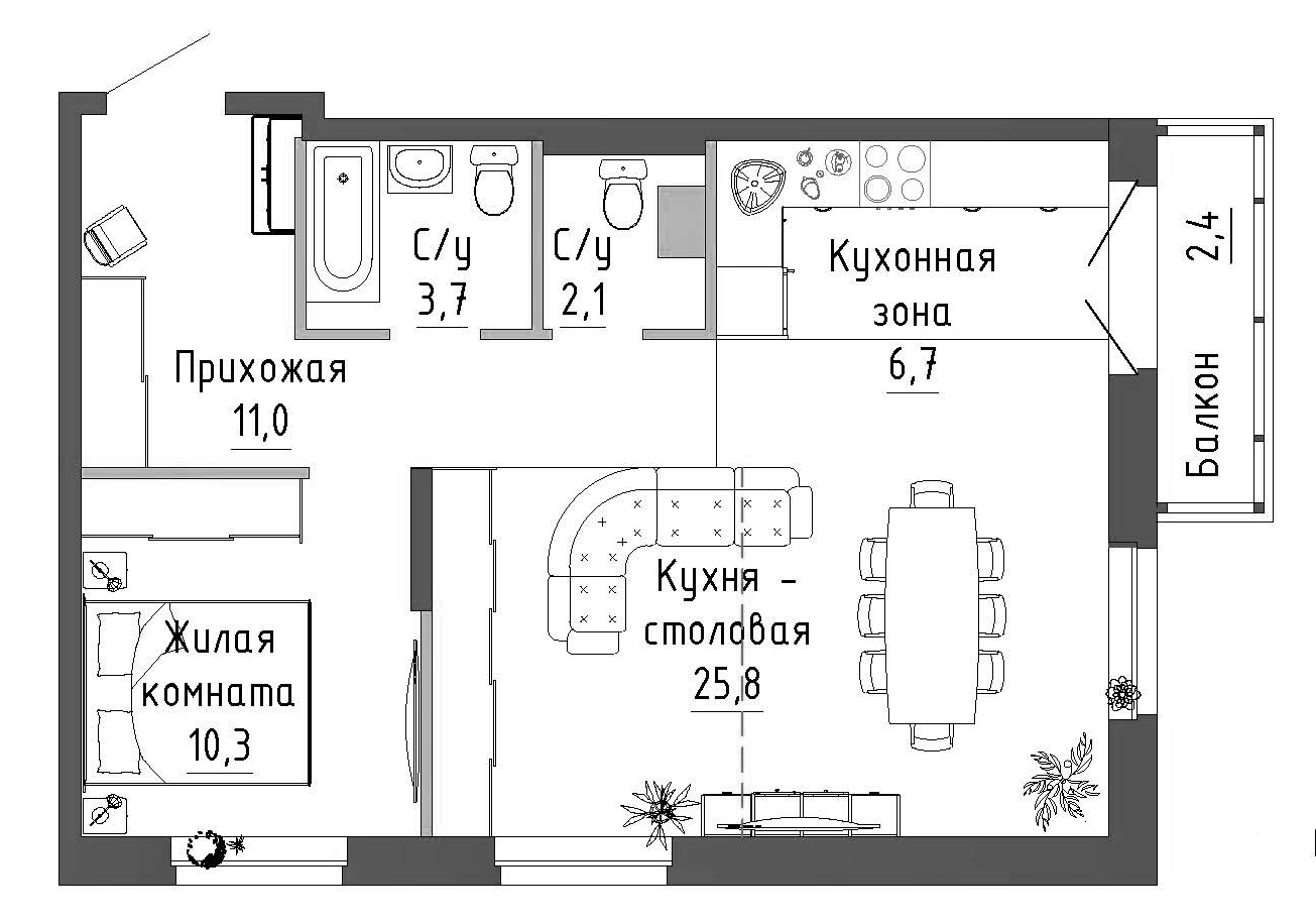 Планировка — Зеленая горка, 2-комн., 60 м²