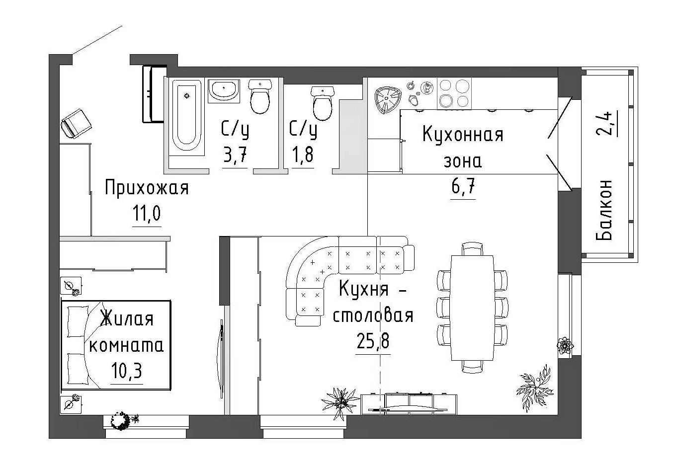 Планировка — Зеленая горка, 2-комн., 59 м²