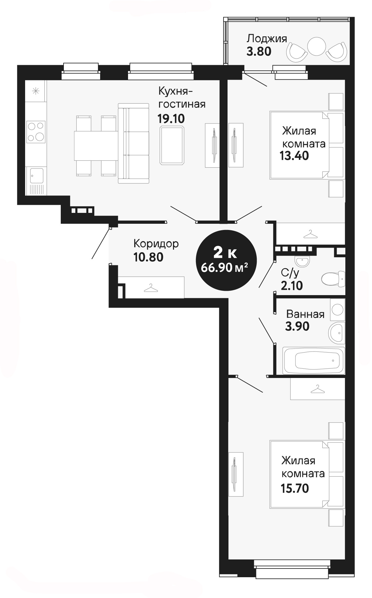 Планировка — Янтарная долина, 3-комн., 66 м²