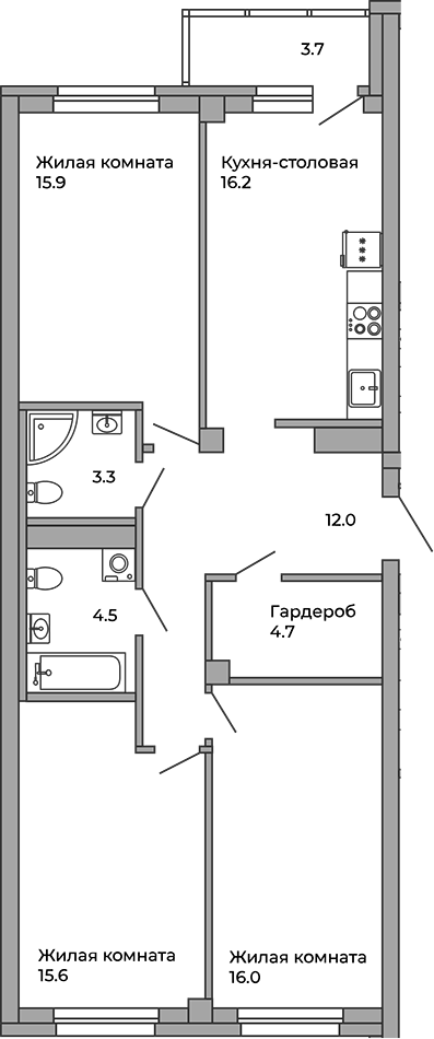 Планировка — Белая Башня, 4-комн., 88 м²
