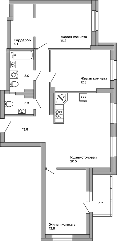 Планировка — Белая Башня, 4-комн., 87 м²