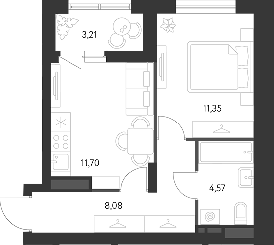 Планировка — Первый Академ, 1-комн., 35 м²