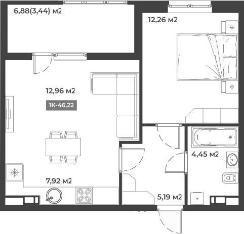 Планировка — Соловей, 1-комн., 43 м²