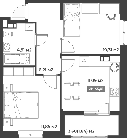 Планировка — Соловей, 2-комн., 44 м²