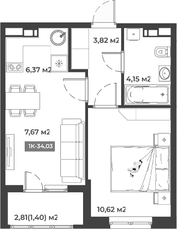 Планировка — Соловей, 1-комн., 33 м²