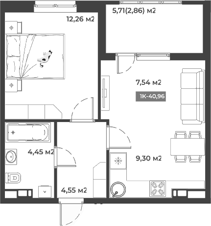 Планировка — Соловей, 1-комн., 38 м²