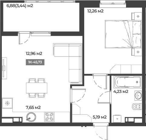 Планировка — Соловей, 1-комн., 42 м²