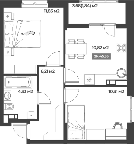 Планировка — Соловей, 2-комн., 44 м²
