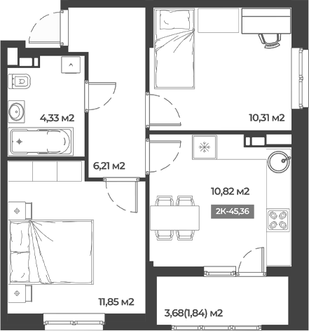 Планировка — Соловей, 2-комн., 44 м²