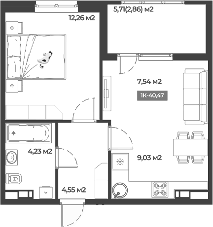 Планировка — Соловей, 1-комн., 38 м²