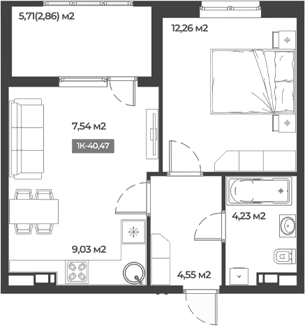 Планировка — Соловей, 1-комн., 38 м²
