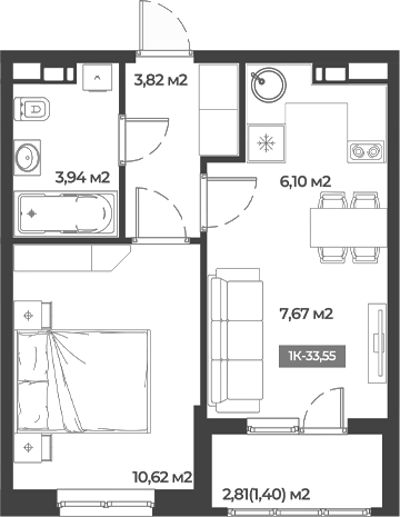 Планировка — Соловей, 1-комн., 32 м²