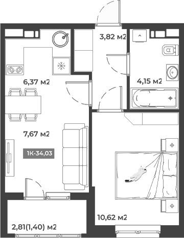 Планировка — Соловей, 1-комн., 33 м²