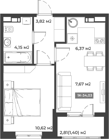 Планировка — Соловей, 1-комн., 33 м²