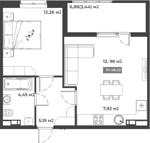 Планировка — Соловей, 1-комн., 43 м²