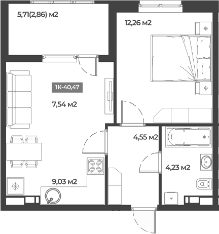Планировка — Соловей, 1-комн., 38 м²