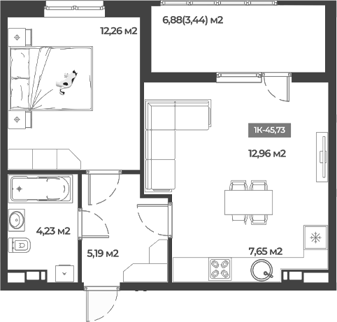 Планировка — Соловей, 1-комн., 42 м²