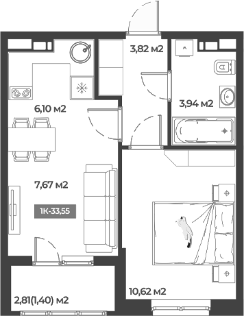 Планировка — Соловей, 1-комн., 32 м²
