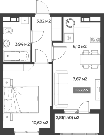 Планировка — Соловей, 1-комн., 32 м²