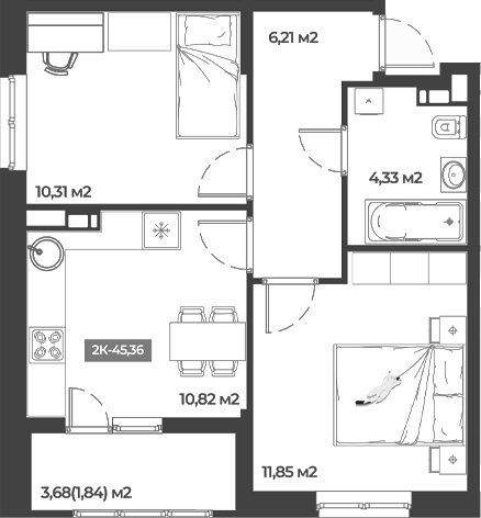 Планировка — Соловей, 2-комн., 44 м²