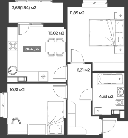 Планировка — Соловей, 2-комн., 44 м²