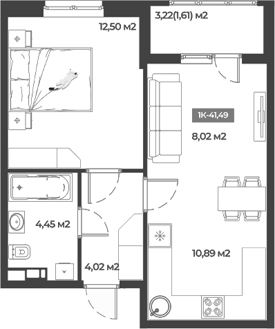 Планировка — Соловей, 1-комн., 40 м²