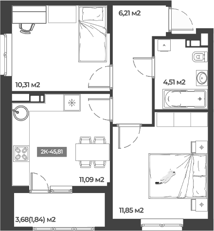 Планировка — Соловей, 2-комн., 44 м²