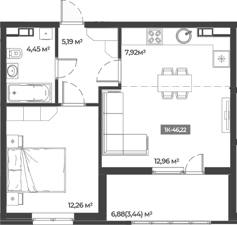 Планировка — Соловей, 1-комн., 43 м²