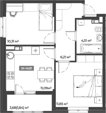 Планировка — Соловей, 2-комн., 44 м²