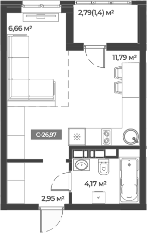 Планировка — Соловей, Студия, 26 м²