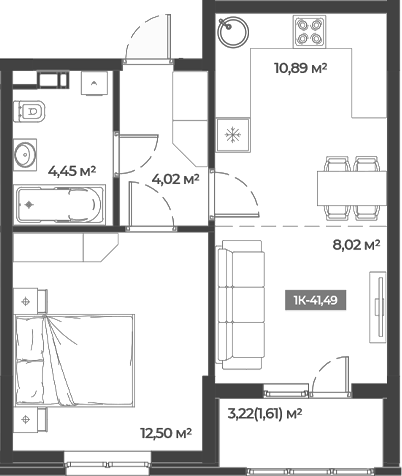Планировка — Соловей, 1-комн., 40 м²