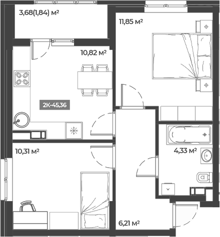 Планировка — Соловей, 2-комн., 44 м²