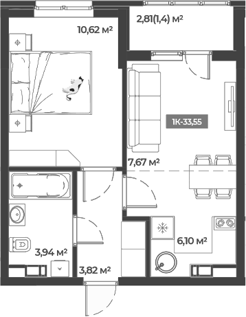 Планировка — Соловей, 1-комн., 32 м²