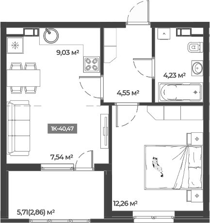 Планировка — Соловей, 1-комн., 38 м²