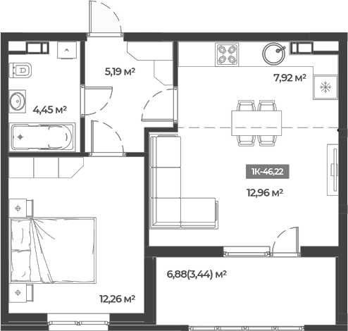 Планировка — Соловей, 1-комн., 43 м²