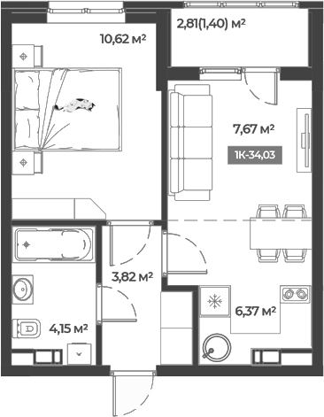 Планировка — Соловей, 1-комн., 33 м²