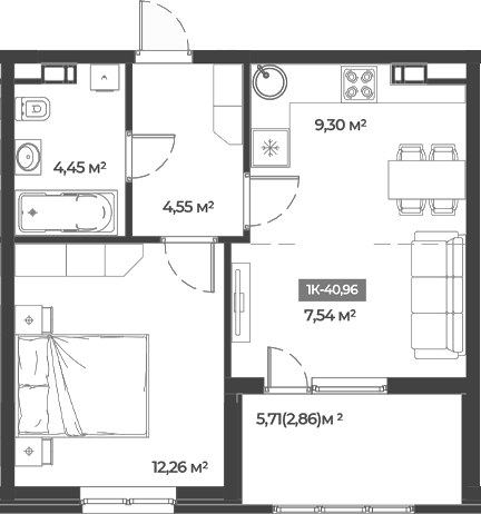 Планировка — Соловей, 1-комн., 38 м²