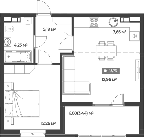 Планировка — Соловей, 1-комн., 42 м²