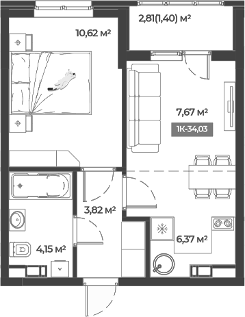 Планировка — Соловей, 1-комн., 33 м²