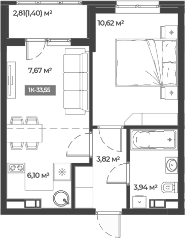 Планировка — Соловей, 1-комн., 32 м²