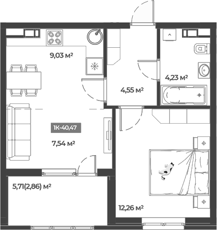 Планировка — Соловей, 1-комн., 38 м²
