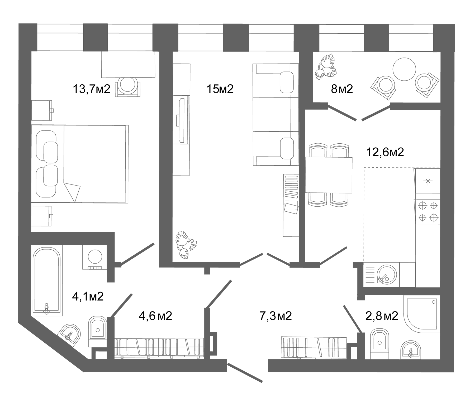 Планировка — Компаунд Проспект Мира, 2-комн., 64 м²