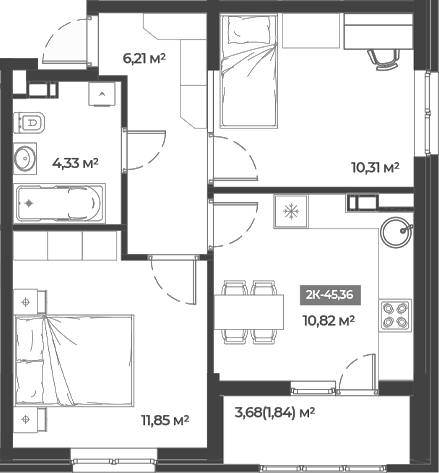 Планировка — Соловей, 2-комн., 44 м²