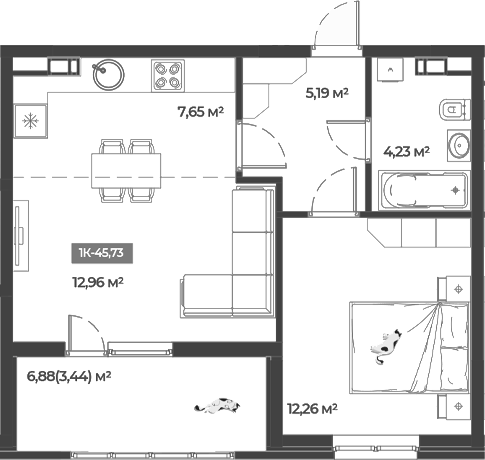 Планировка — Соловей, 1-комн., 42 м²