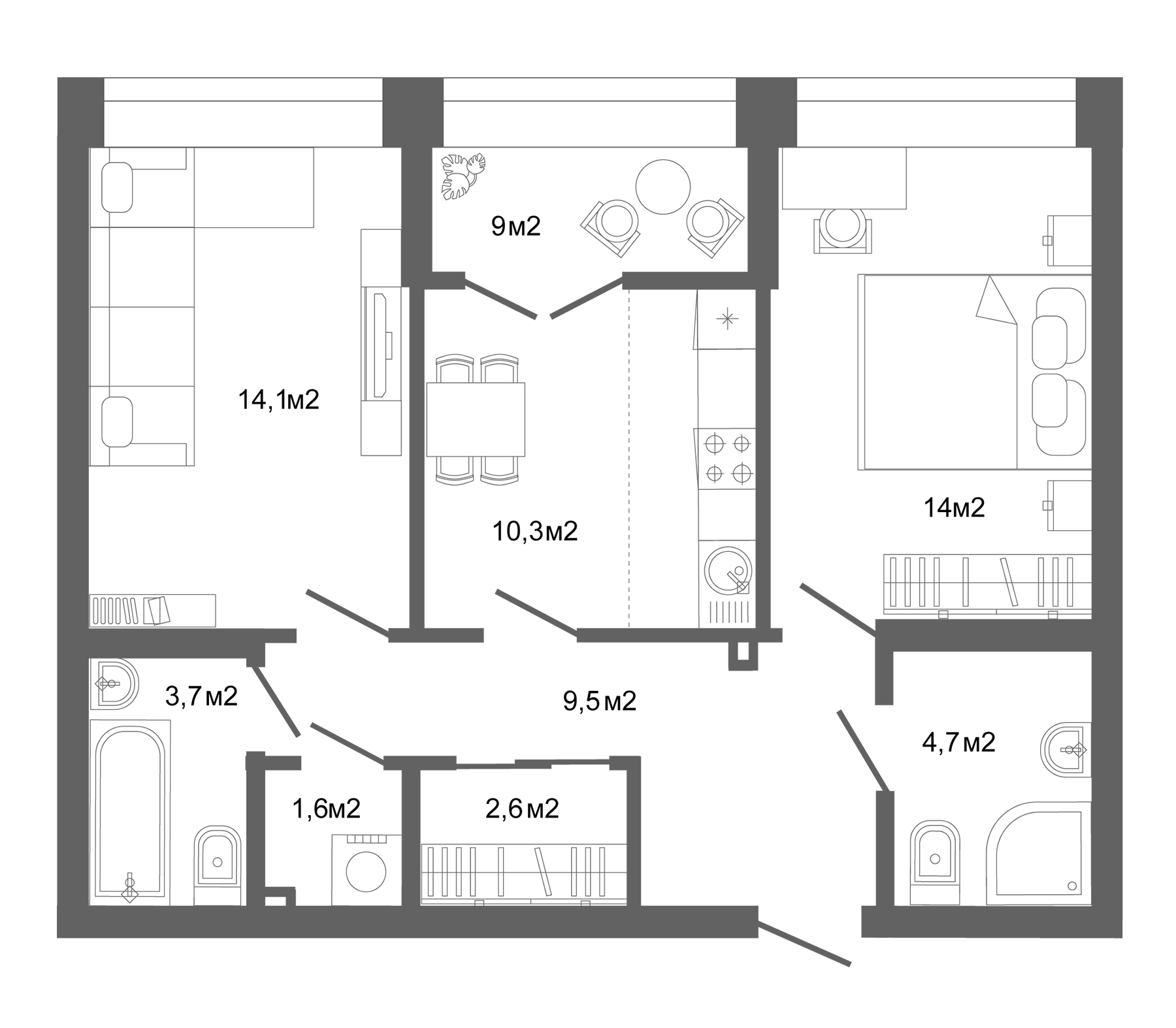 Планировка — Компаунд Проспект Мира, 2-комн., 64 м²