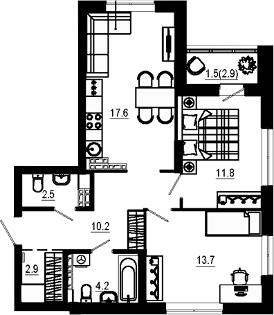 Планировка — Estelle, 2-комн., 63 м²