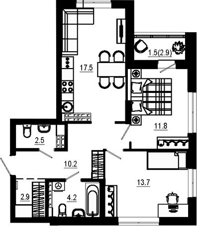 Планировка — Estelle, 2-комн., 63 м²