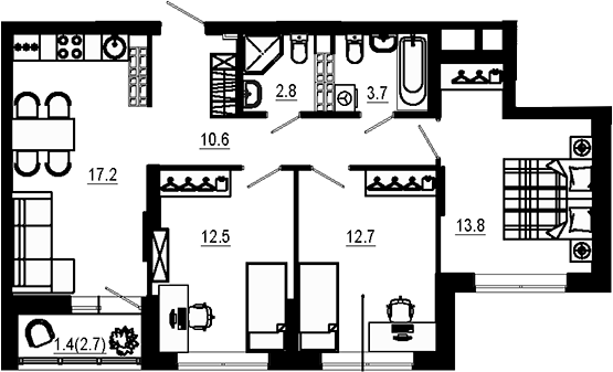 Планировка — Estelle, 3-комн., 73 м²